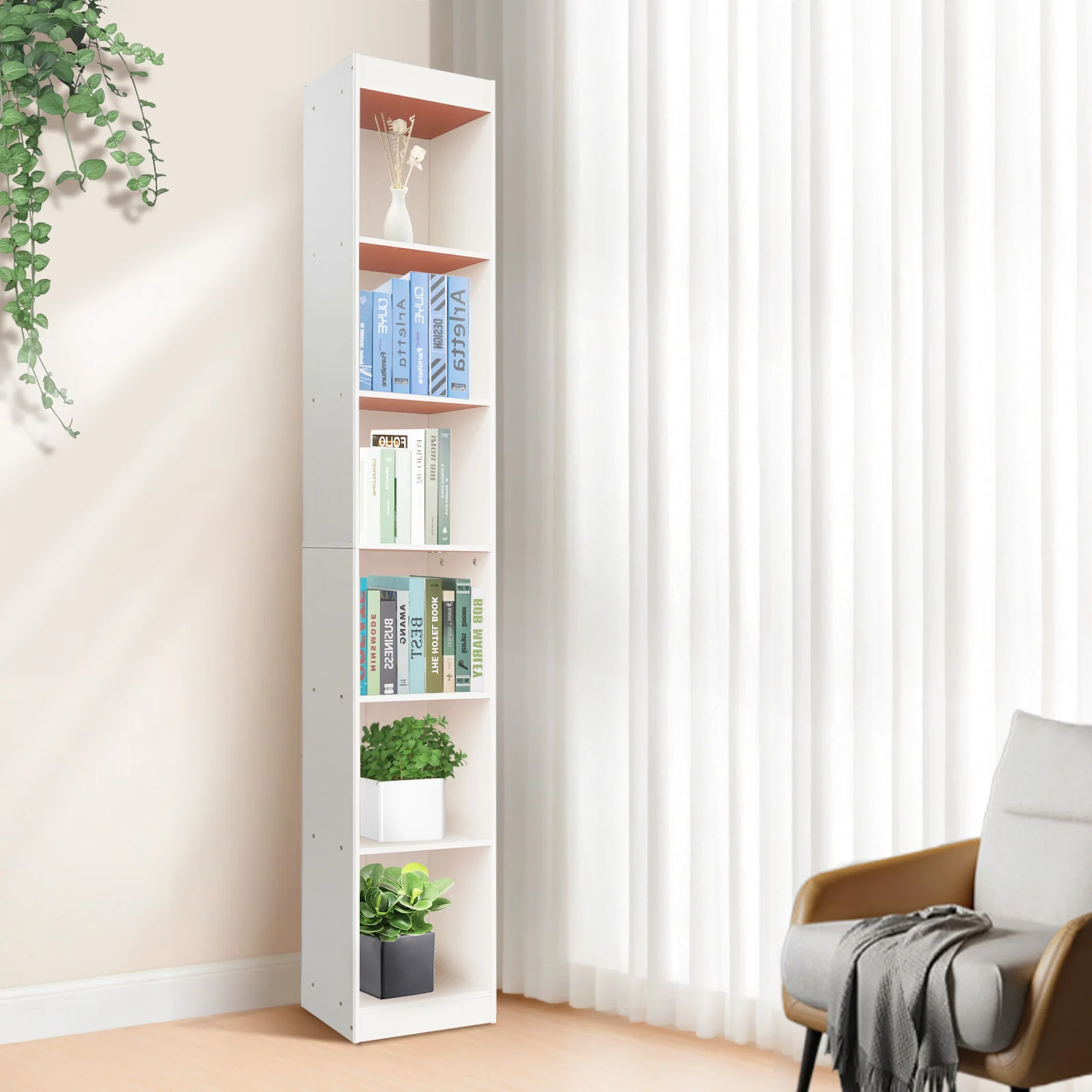 180x24x30cm 6-stufiges, schmales, freistehendes, offenes Bücherregal, Mehrzweck-Aufbewahrungsregal für Gewürze, Handtücher, Snacks, Badezimmer-Organizer