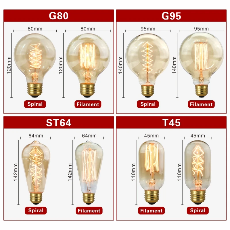 

Retro Edison Bulb E27 220V 40W Light Bulb A60 ST58 ST64 T10 T45 T185 G80 G95 Filament Vintage Ampoule Incandescent Spiral Lamp