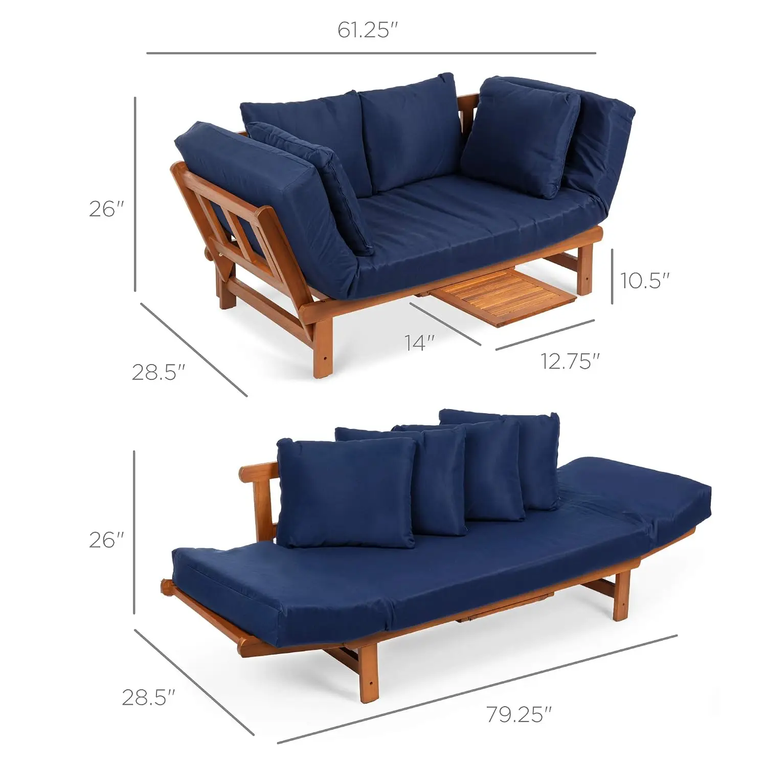 Acacia Wood Outdoor Futon Sofa w/Pullout Tray, Cushion & 4 Pillows for Patio, Balcony, Poolside, Customized