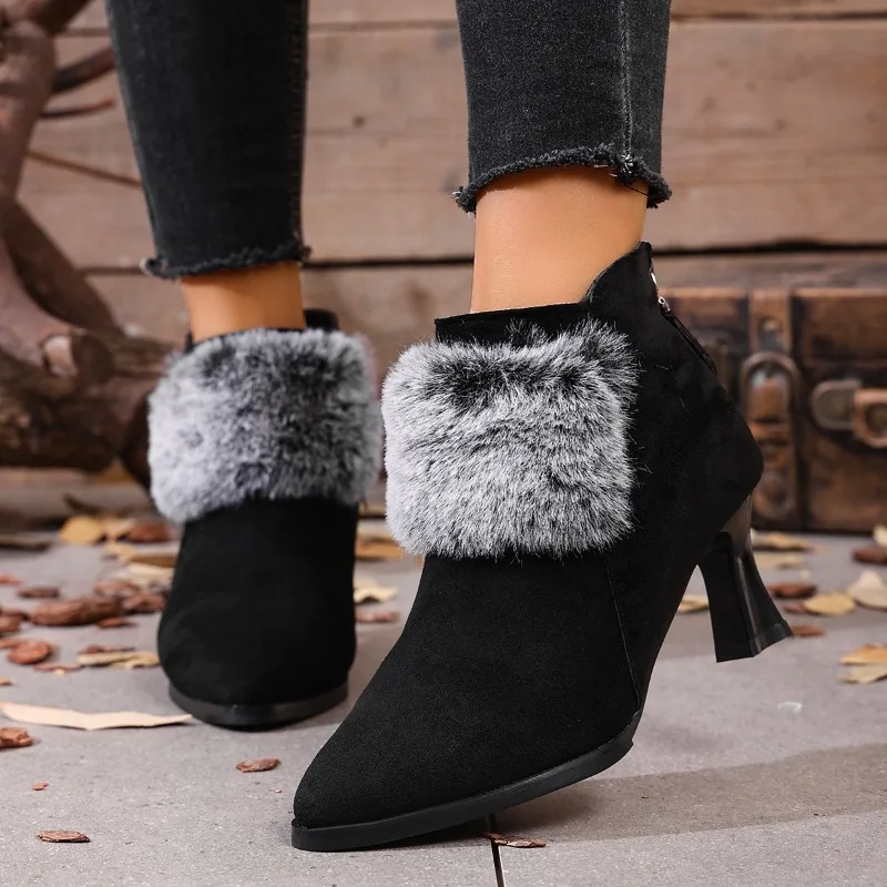 

Хлопковая обувь, осень-зима, новые замшевые туфли с острым носком и боковой молнией, нескользящие износостойкие плюшевые туфли на шпильке