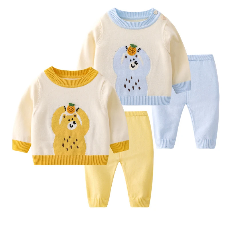 

2024 Baby Boys Knit Sweater Suit Set Autumn Kids Cartoon Bear Knitted Pullover Tops Knitting Pants Children Spring Loungewear