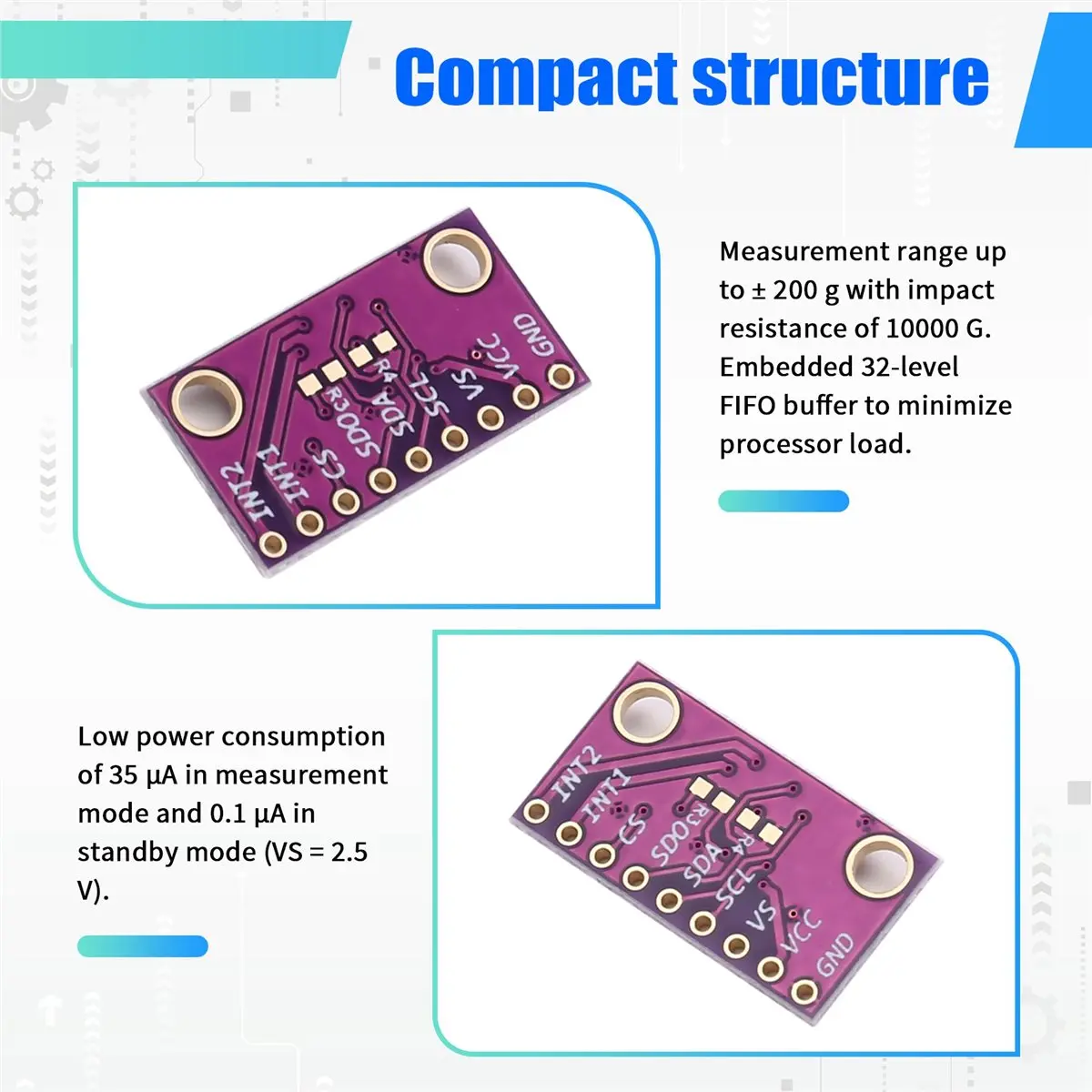 ADXL375 High-G 3- Accelerometer Breakout,±200g Measurement,/SPI,for Impact Detection,Vibration Test.