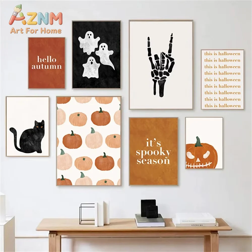 1PC Hello Halloween Black Cat Skeleton Ghost Canvas Painting Pumpkin Wall Art Print Nordic Poster Wall Pictures Room Decoration