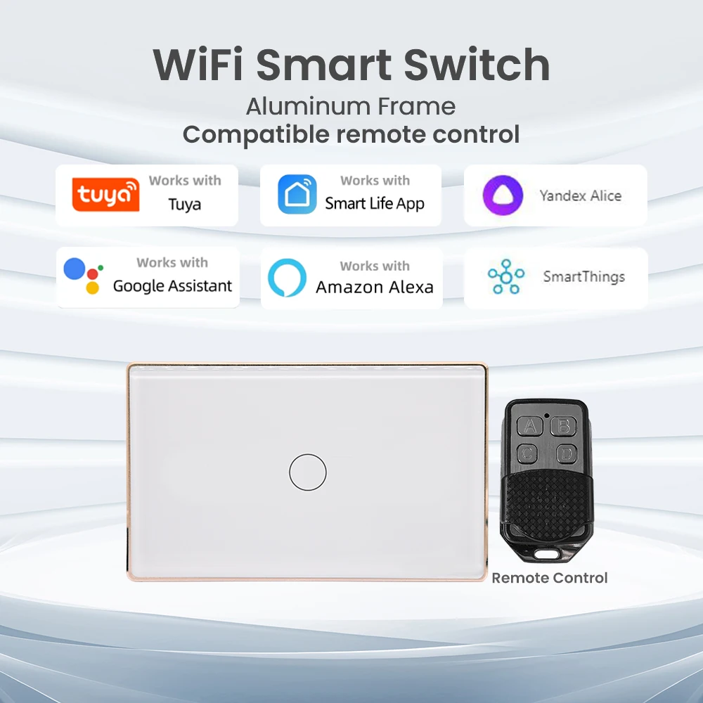 

Умный выключатель света Tuya Wi-Fi, алюминиевая рама США, дуга 2,5D с дистанционным управлением, таймер, расписание, настенный выключатель света, стекло