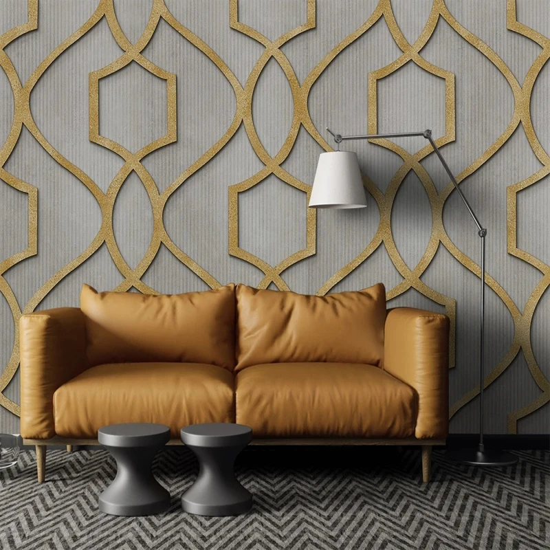 3D Relief Wallpaper for Wall Retro Chinese Style Abstract Geometric Golden Lines Mural Paper for Bedroom Living Room Home Decor