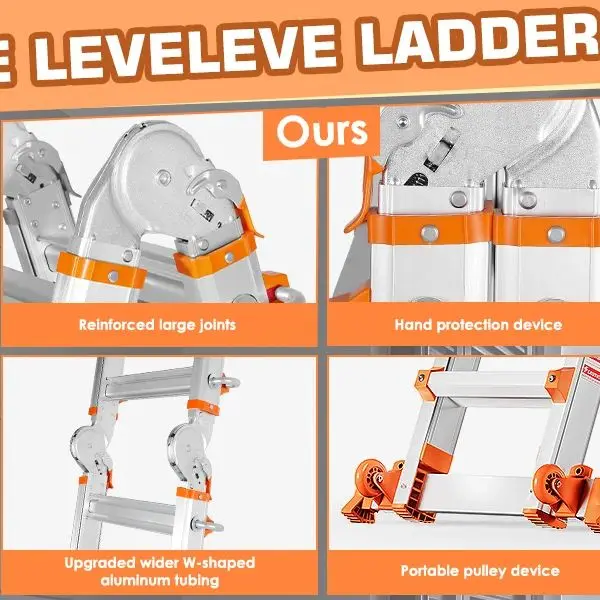 سلم بإطار من LEVELEVE، سلم متعدد الأوضاع بطول 17 قدم مع قضيب تثبيت وعجلات، تحميل أمان 330 رطلاً