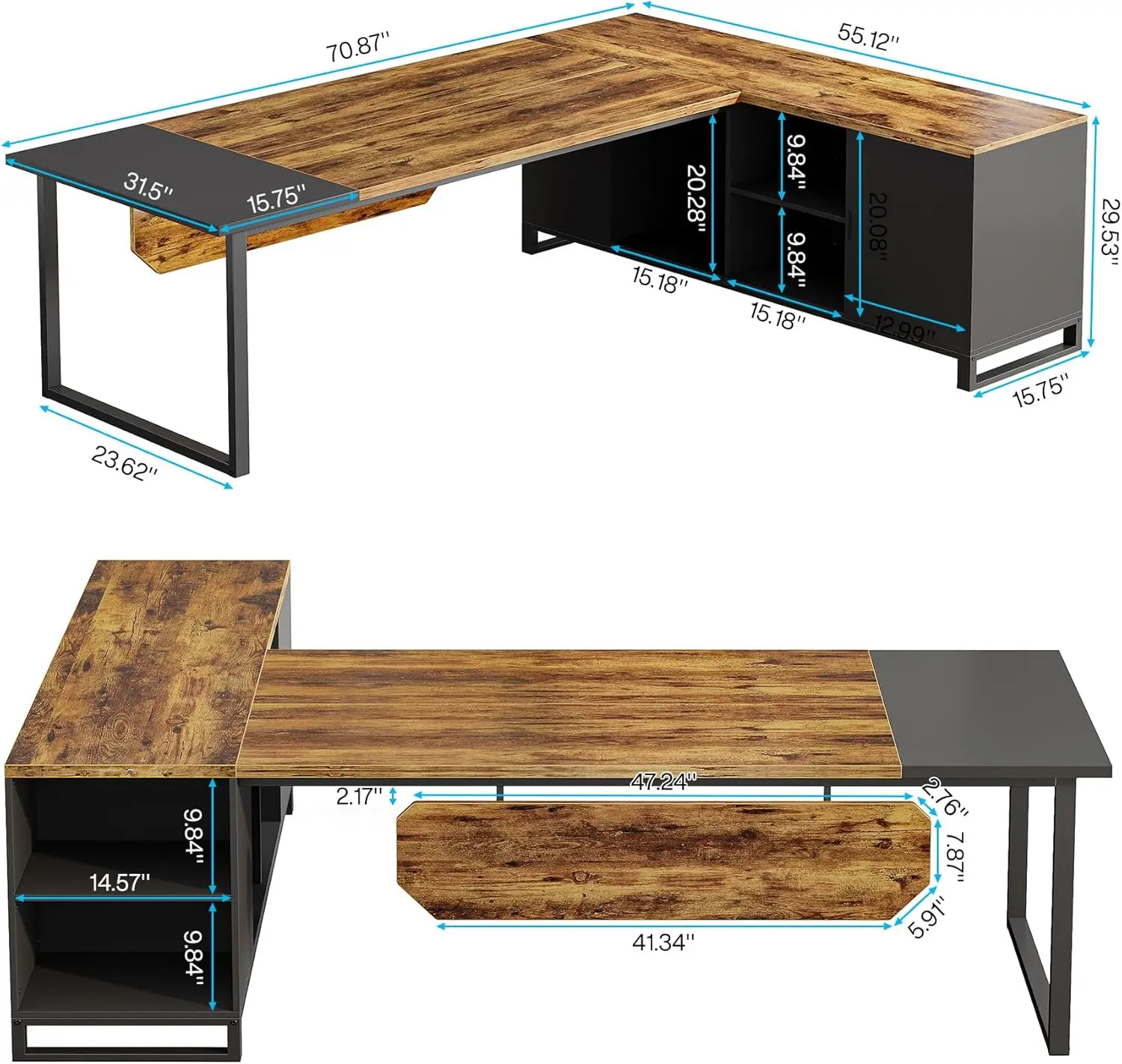 Tribesigns-Bureau exécutif en forme de L avec étagères de rangement, armoire à fichiers, bureau d'ordinateur moderne, 70.8 po, 55 po