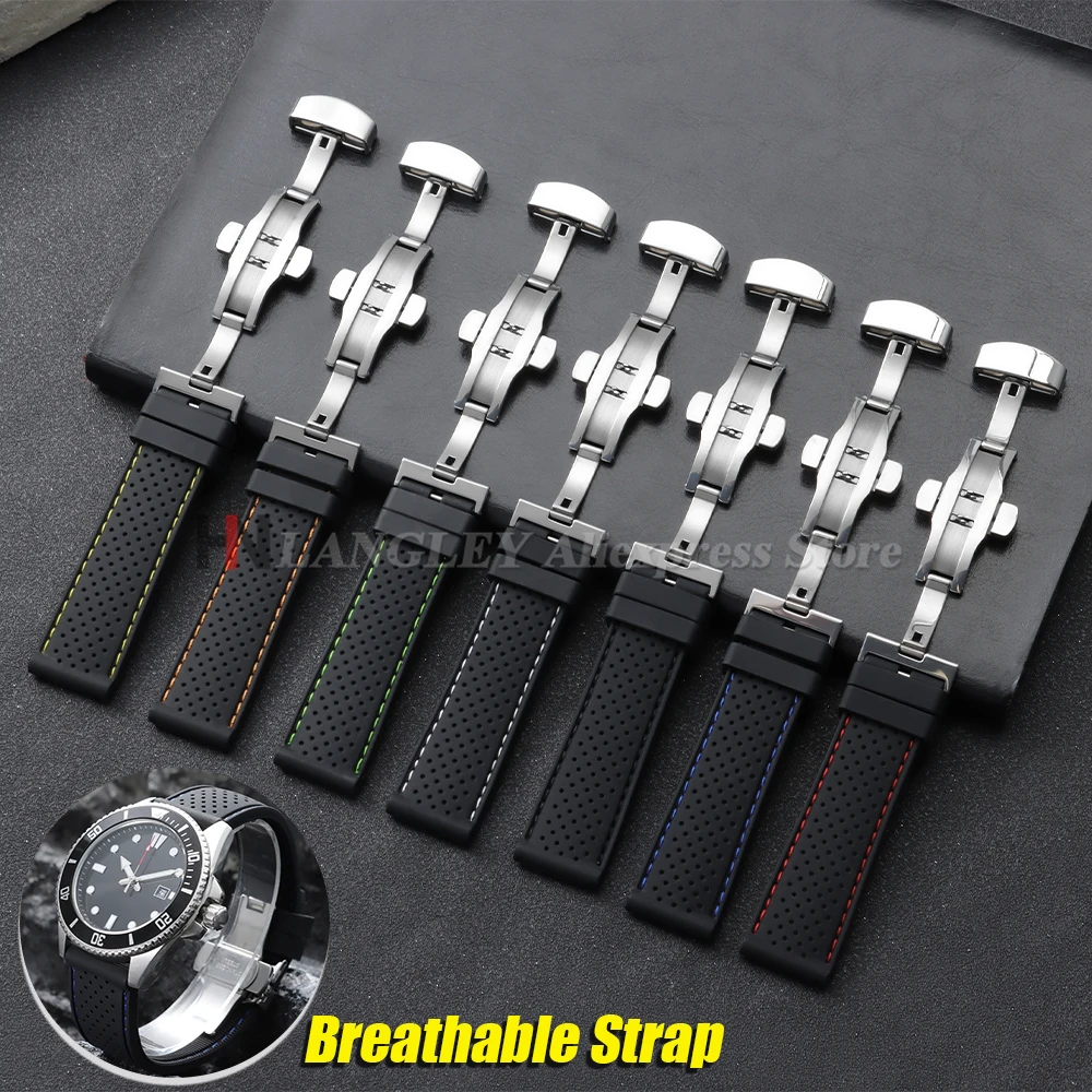 

Breathable Strap Soft Silicone WatchBand 20mm 22mm Butterfly Buckle Rubber Waterproof Men Bracelet for Seiko for Omega Wristband