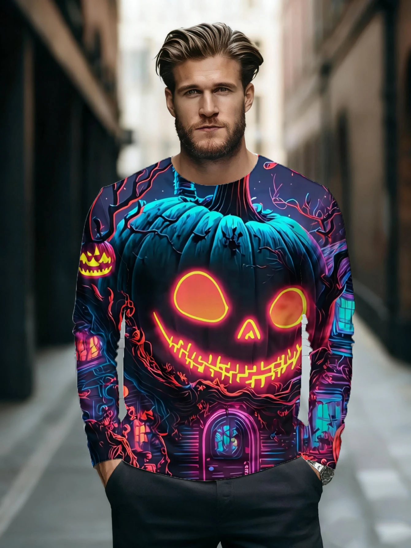 Men Long Sleeve T‑Shirt Halloween Neon Pumpkin Haunted House Print Crew Neck Casual Street Tops