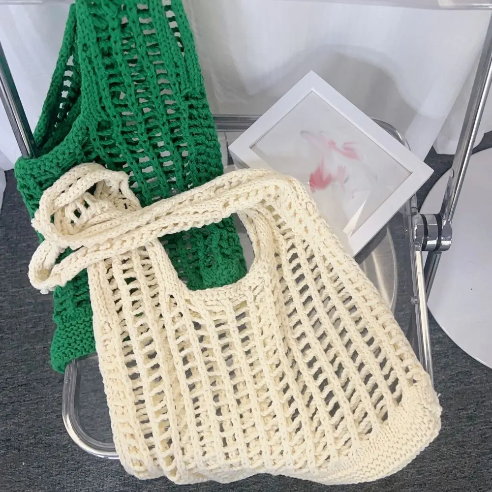 Borsa a tracolla in maglia tinta unita Borsa tote versatile all'uncinetto bohémien di grande capacità Borsa in tessuto casual scavata da donna