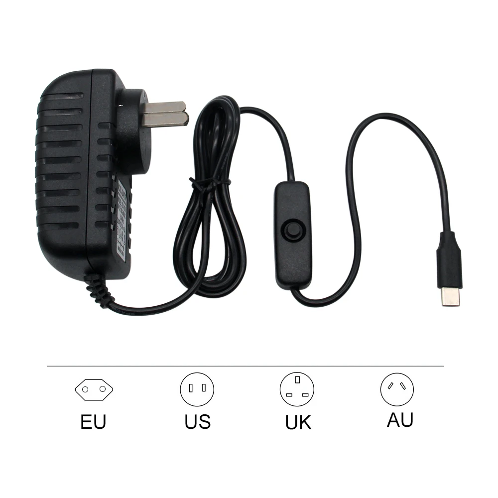 For Raspberry Pi 4 Power Adapter 5V 3A Type-C With ON/OFF Switch Button EU US AU UK Plug Charger for Raspberry Pi 4 Model B