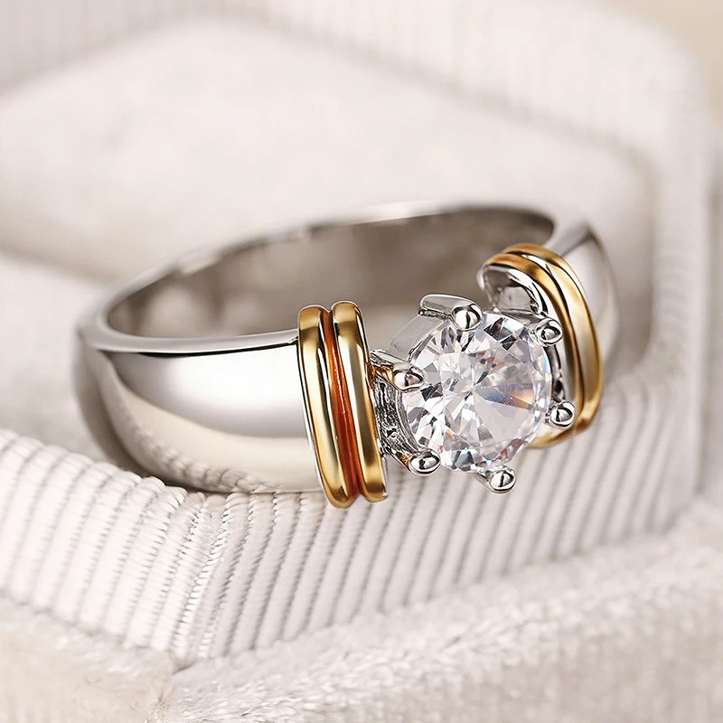 Huitan Modern Fashion Two-Tone Cubic Zirconia Wedding Rings for Women Simple Design Engagement Party Trend Jewelry Drop Shipping