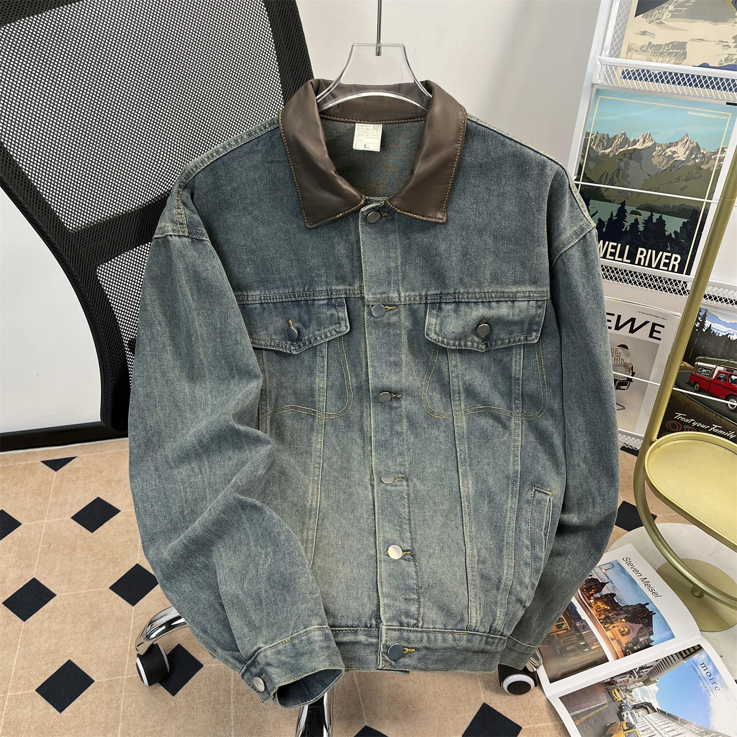 

Американская ретро джинсовая куртка с контрастным кожаным воротником, мужская и женская повседневная куртка с длинными рукавами, свободный кардиган в стиле ретро