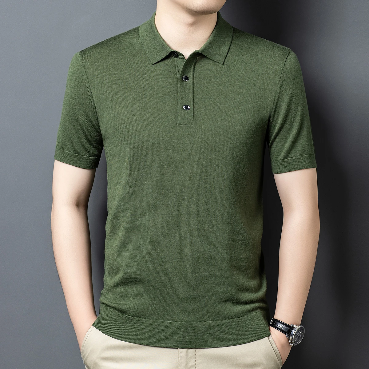 

Men 100% Worsted Wool Knitwear 2025 Autumn Classic Turn Down Collar Knit Polo Shirt Short Sleeve Tops Male Sheep Wool Knit Shirt