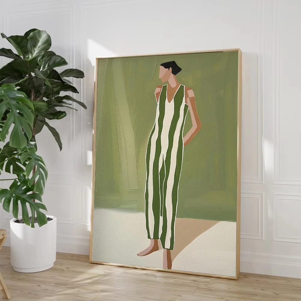 1pc frameless Canvas Painting Abstract Sage Green Woman in Stripes Canvas Painting Trendy Minimalist Wall Art Poster for Living