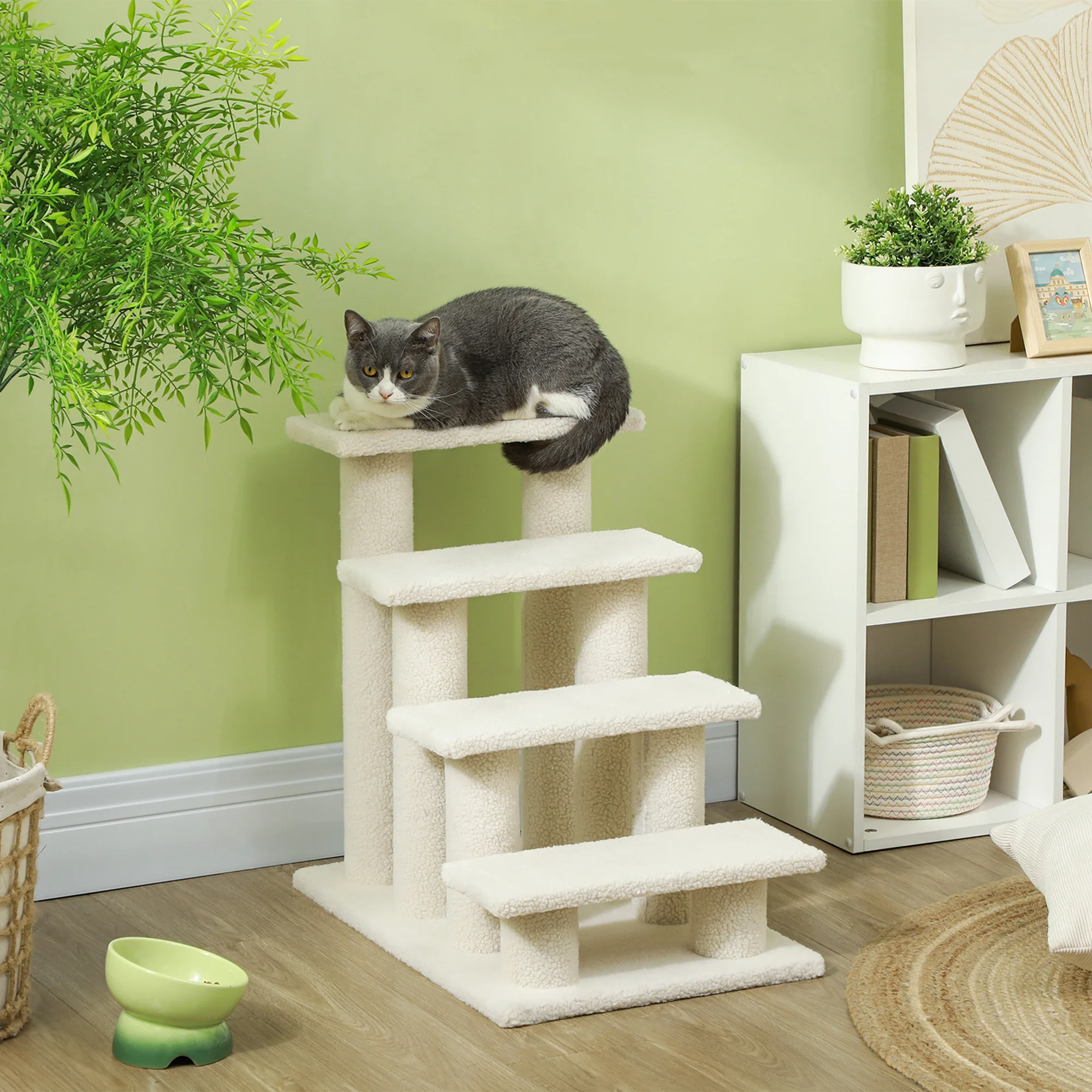 Escalier pour animaux de compagnie avec 4 marches revêtement effet laine bouclée 61 x 41 x 60 cm crème