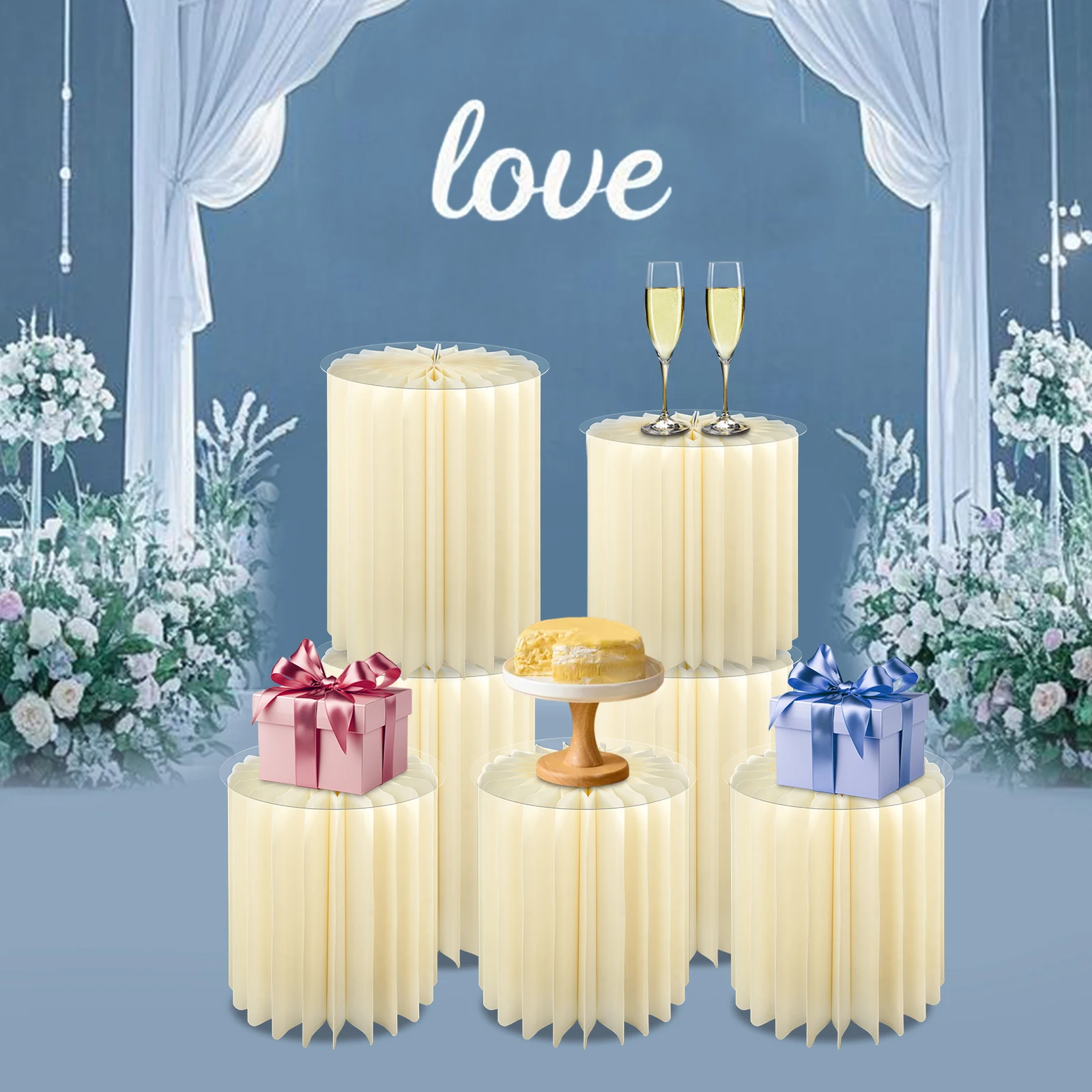 

7 шт., 30 кг/66,14 фунтов, бежевая складная бумажная подставка для торта, цилиндрическая подставка для цветов, складная подставка для цветов для ресторанов, вечеринок