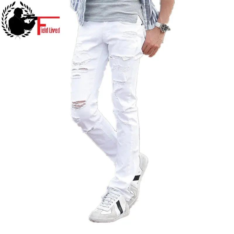 

2024 New Men's Jeans Slim Fit Skinny Ripped Jeans Men Destroyed Torn Holes Fashion Summer Denim Pants Male White Cowboy Trousers