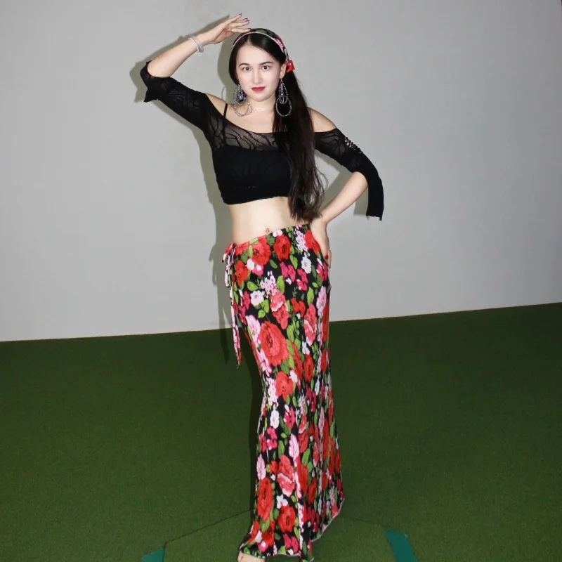 New bellydance performance suit sexy black mesh top+high-end printed long skirt set oriental dance professional training costume