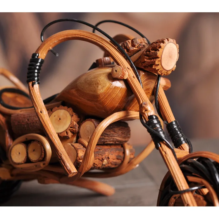 Rattan motorcycle ornaments Solid wood handicrafts Home living room desktop decoration