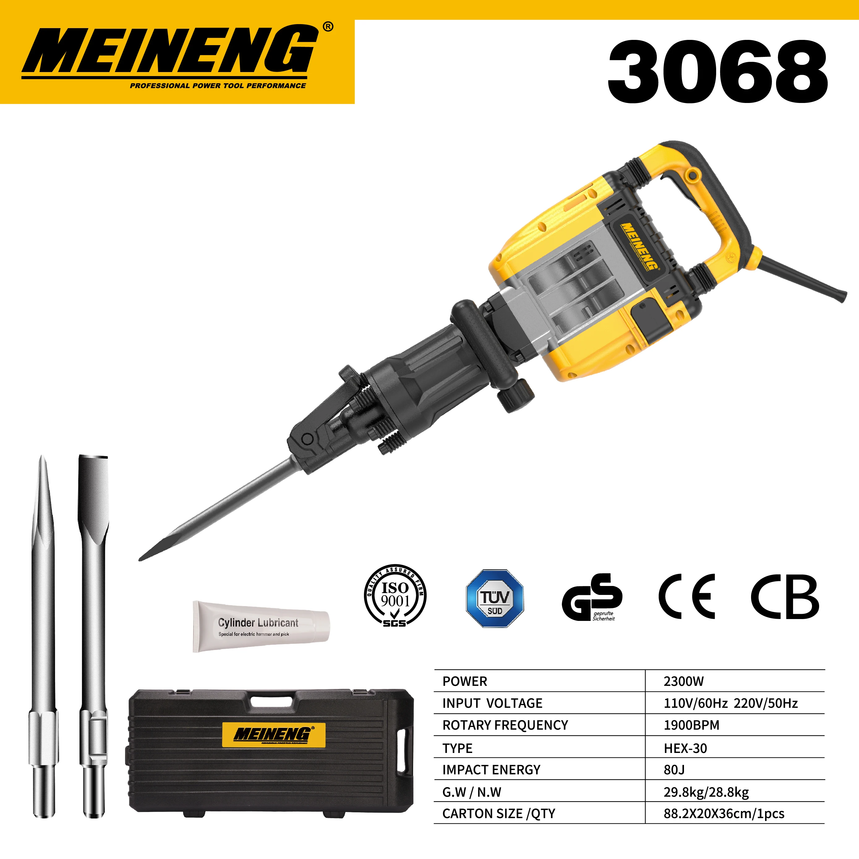 2300W Electric Demolition Hammer 80J Heavy Impact Jack Hammer 110V/220V Concrete Breaker with Chisel Kit for Construction
