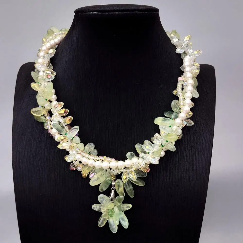 Y·YING  4 Rows Natural Blue Prehnite Crystal White Sea Shell Pearl Torsade Necklace Flower Pendant