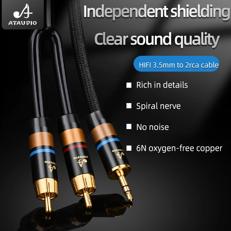 HiFi Stereo 3.5mm Jack to 2RCA Male Cable Independent Shielding 6N OFC Spiral Nerve Thread for Amplifier Computer