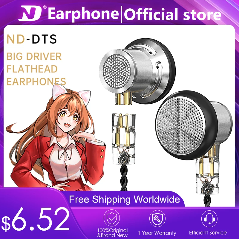 

ND DTS Flat-Head Earphone 14.2MM Dynamic Driver in Ear Bass HiFi Music Headset Earbuds with with Detachable Upgrade Cable