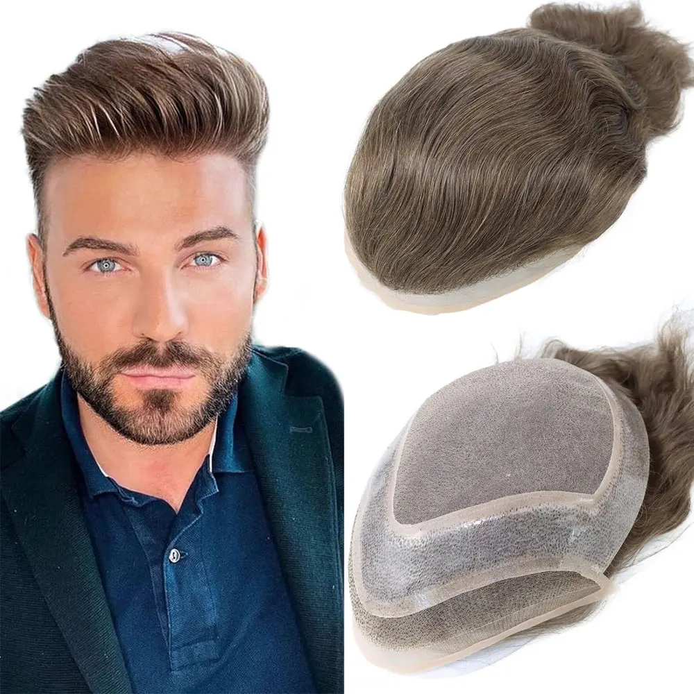 Hair Replacement System for Men Fine Mono with Poly PU Men's Toupee Wigs Human Hair System Hairpieces Lace Front Men Toupee