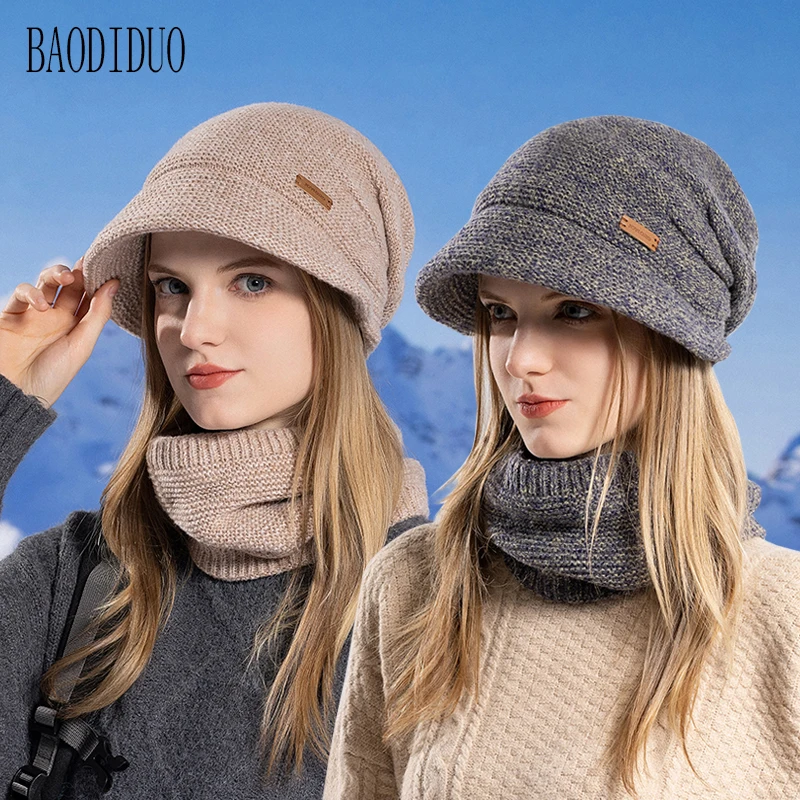 Xinbaoguan 100% Acrylic 8416 Winter Warm and Fleece Cold Protection Set for Women with brimmed Ear Protection Knitted Wool Hat