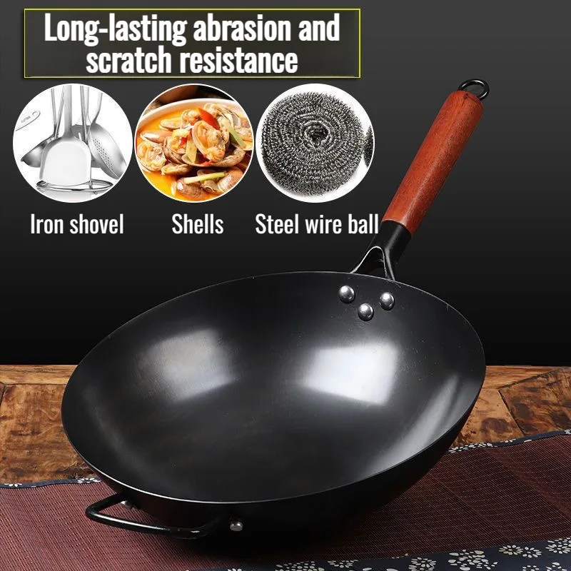 

Kitchen uncoated old-fashioned iron pot Household stir fry pan rust proof round bottom non stick pan uncoated healthy frying pan