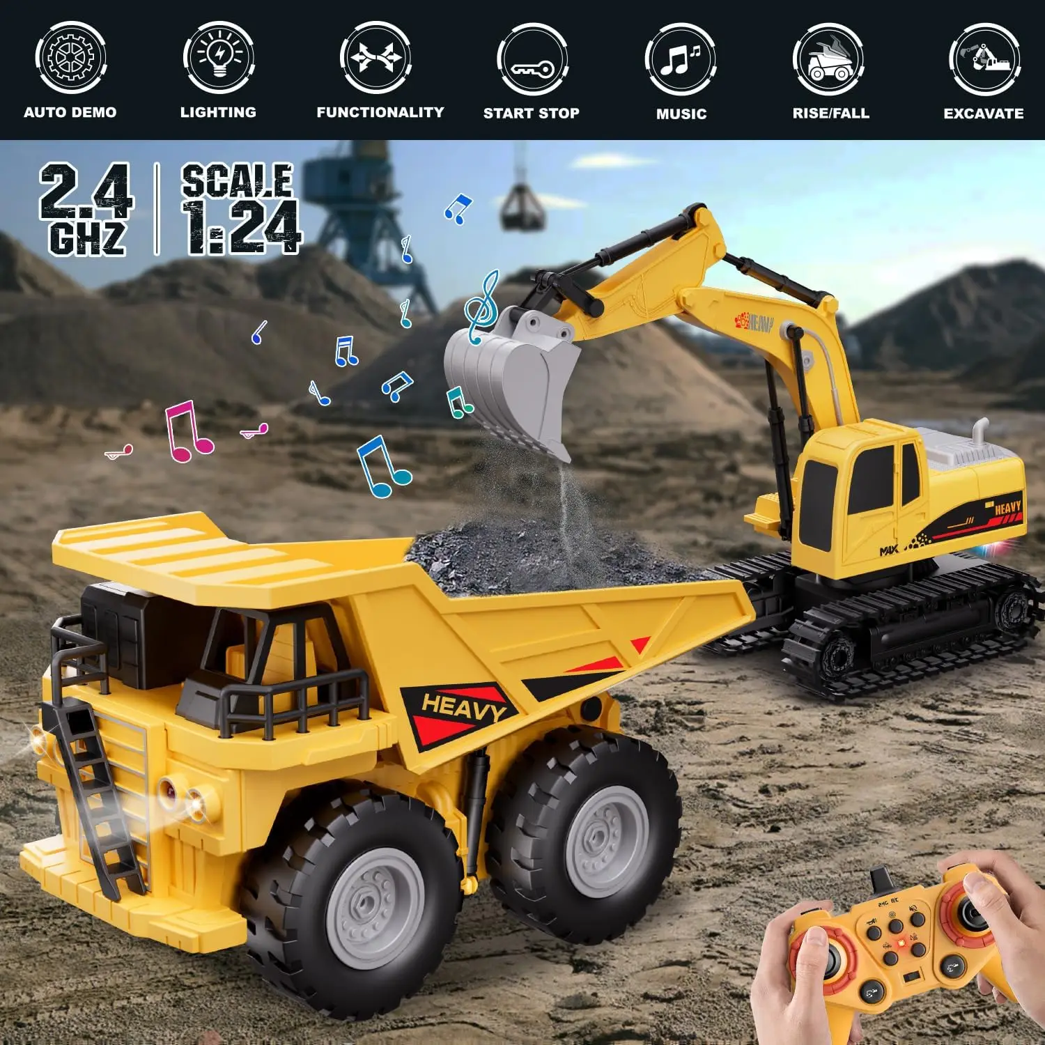 Remote Control Construction Vehicle Toy Set - 11-Channel 2.4Ghz Rechargeable Excavator and Dump Truck with Lights, Sounds & Music, Digger Car for Boys Ages 6-8