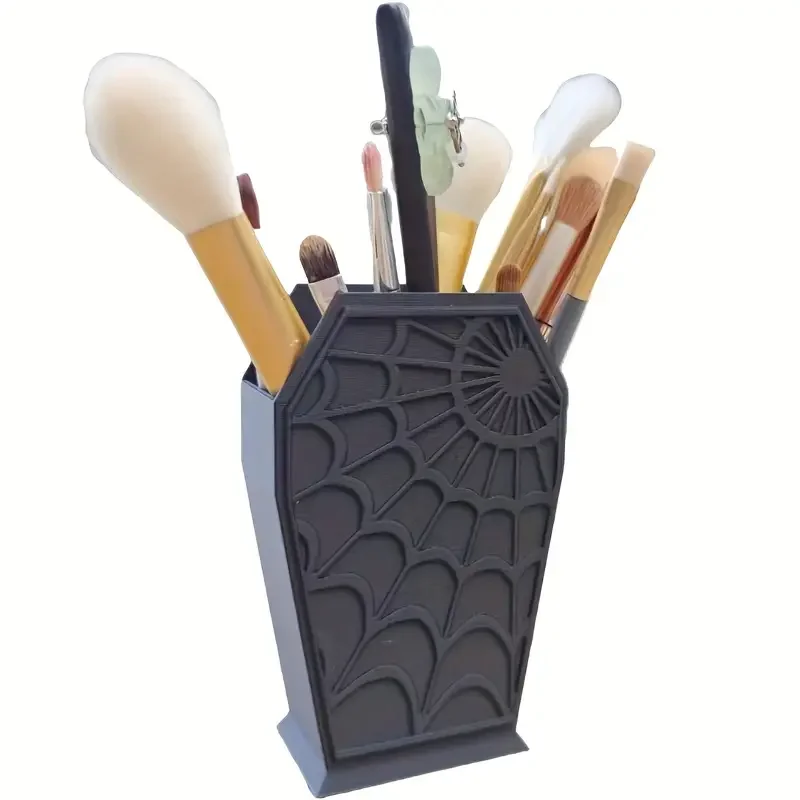 Gothic Coffin-Shaped Spider Web Makeup Brush Holder - Lightweight Plastic Desk Organizer for Vanity or Office Decor