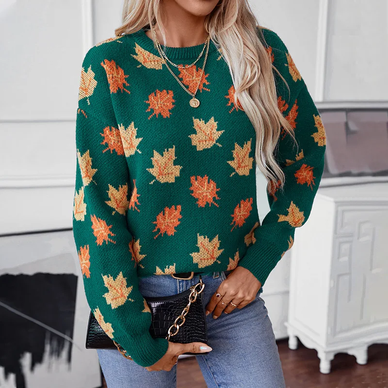 Casual Loose Knitted Sweater Pullover Autumn/Winter Women\'s Pullovers 2024 new O-neck Long sleeved Maple Leaf Printed Knitwear