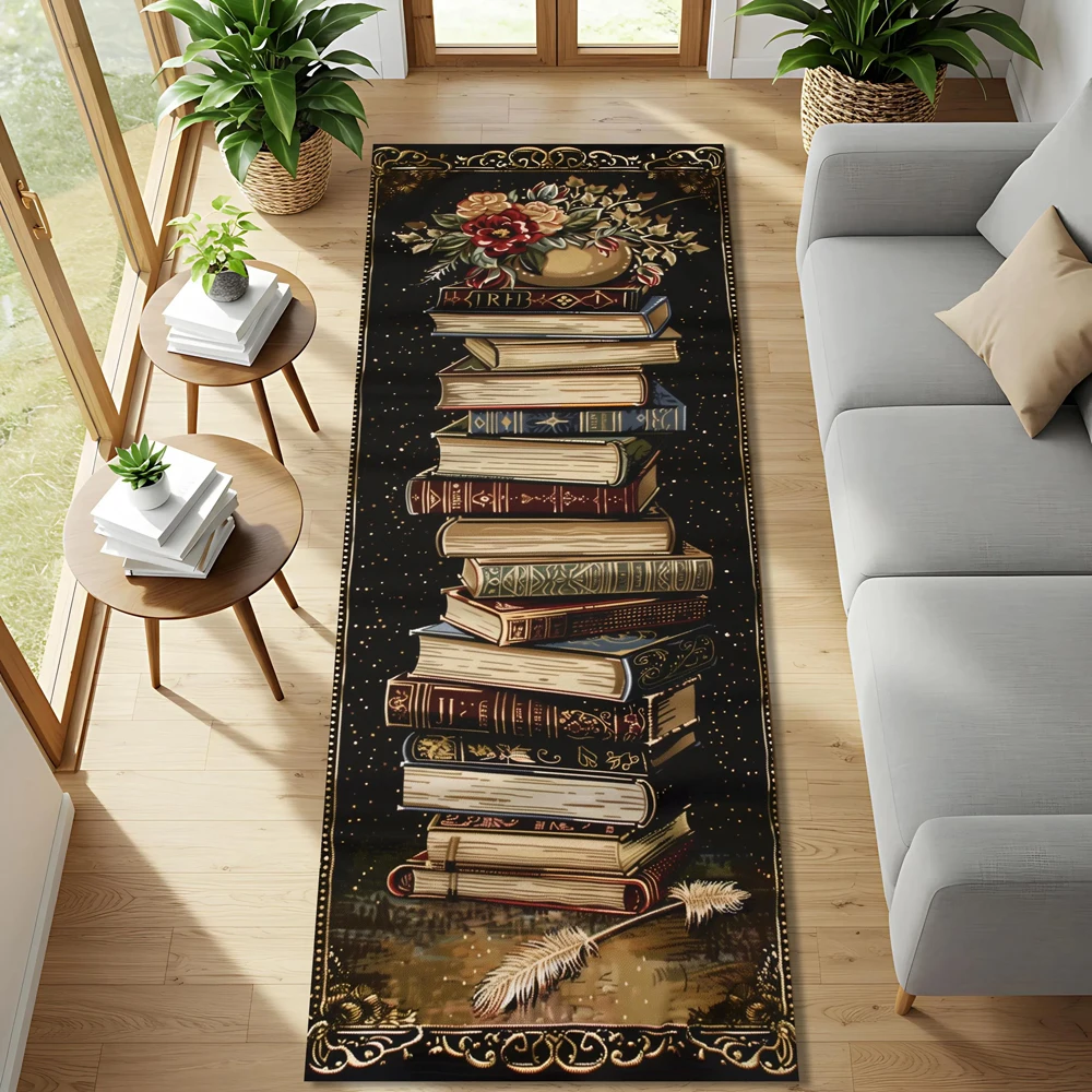 Vintage Book Library Runner Rug Retro Floral Bookshelf Print Non Slip Area Rug for Living Room Bedroom Hallway Home Decor