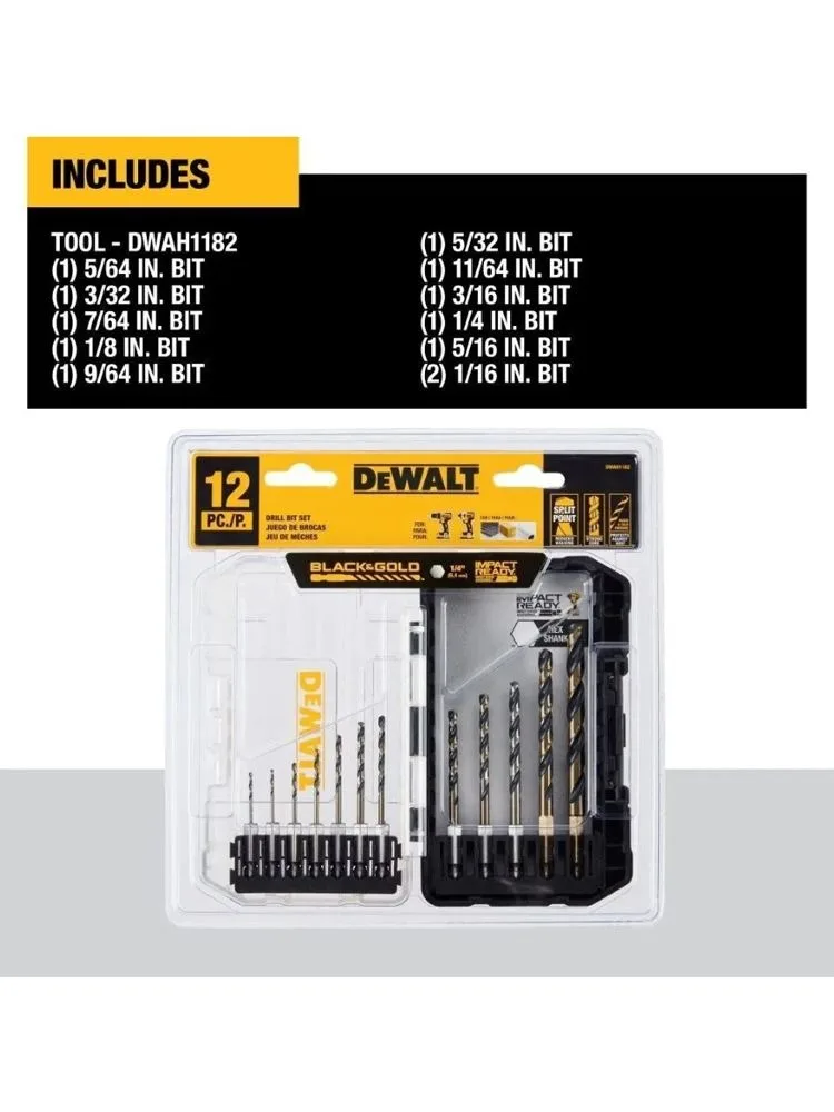 DEWALT DWAH1182 Juego de taladros helicoidales de impacto 12 piezas NEGRO y OURO IMPACT LISTO Broca de metal Accesorios de herramientas eléctricas