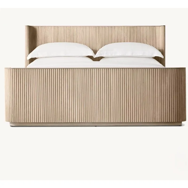Modern Luxury Fluted Oak Platform Bed Solid Wood King Size Bedroom Furniture