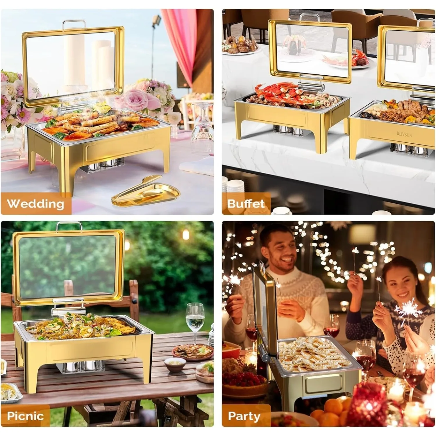 9QT Gold Chafing Dishes for Buffet, Roll Top Chafing Dish Buffet Set, Rectangular Chafers and Buffet Warmers Sets with Glass Lid & Serving Tong for Parties Weddings Catering Events Dinners