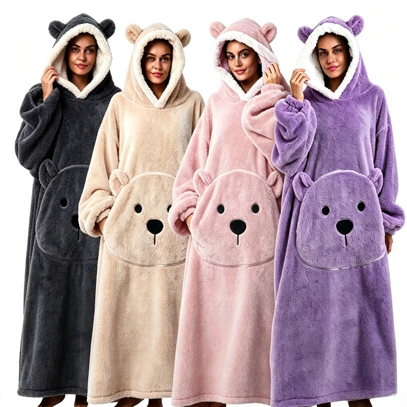 Long Length Bear Fleece Hooded Blanket with Sleeves Extra Thick Warm Wearable TV Throw for Adults Home Sleepwear Couch view 2