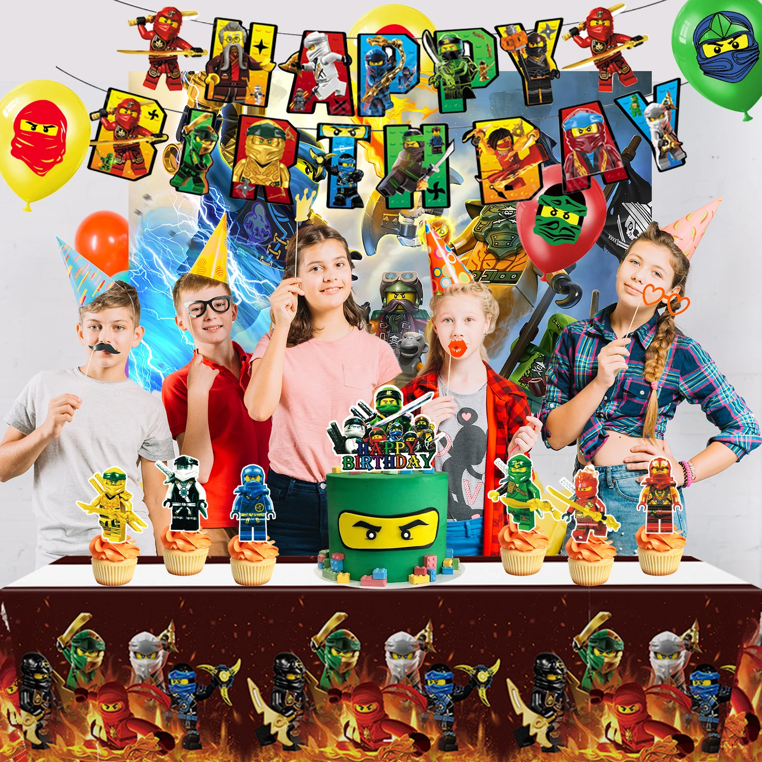 28 piezas de decoraciones para fiesta ninja - Decoraciones de cumpleaños ninja, pancarta, globos, fondo, adorno para pastel, etc. Artículos para fiesta de cumpleaños ninja
