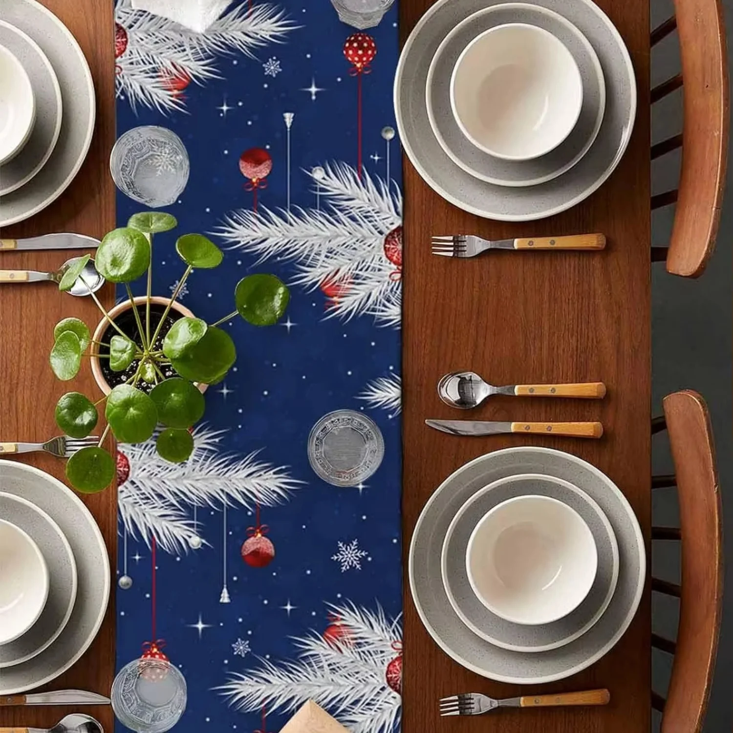 عيد ميلاد سعيد الكرة الصنوبر إبرة ندفة الثلج شجرة الأزرق الجدول عداء الشتاء المطبخ الطعام عيد الميلاد ديكور نسيج الكتان #2
