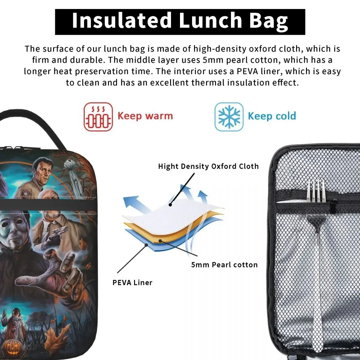 Michael Myers Knives Pumpkin Insulated Lunch Bags for School Office Halloween Horror Film Resuable Cooler Thermal Bento Box Kids