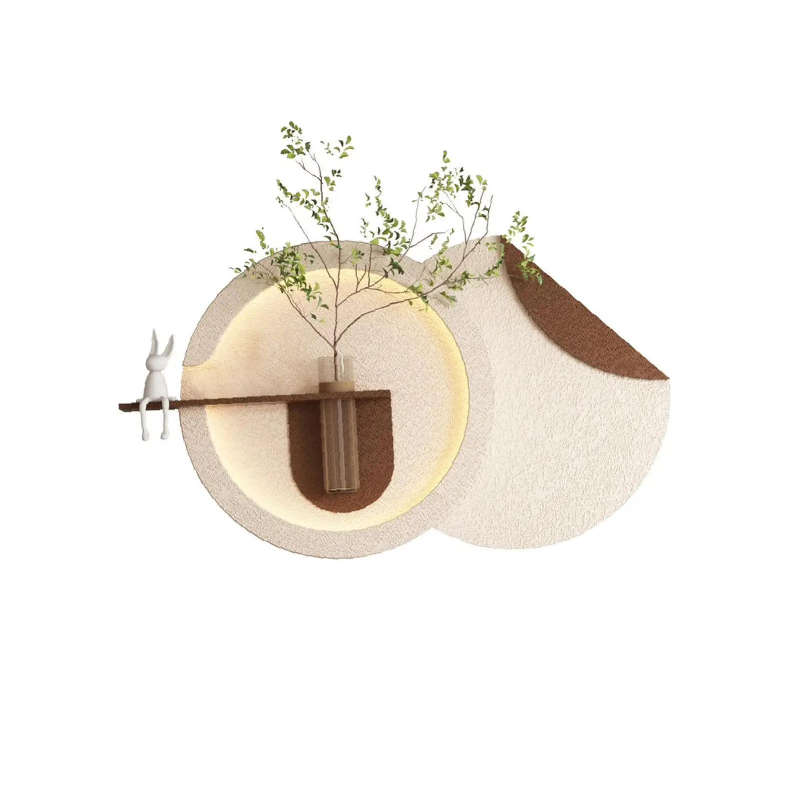 

Elegant 3D Sandstone Wall Dcor with LED Light Glass Vase and Green Plant Statue for Bedroom Decor