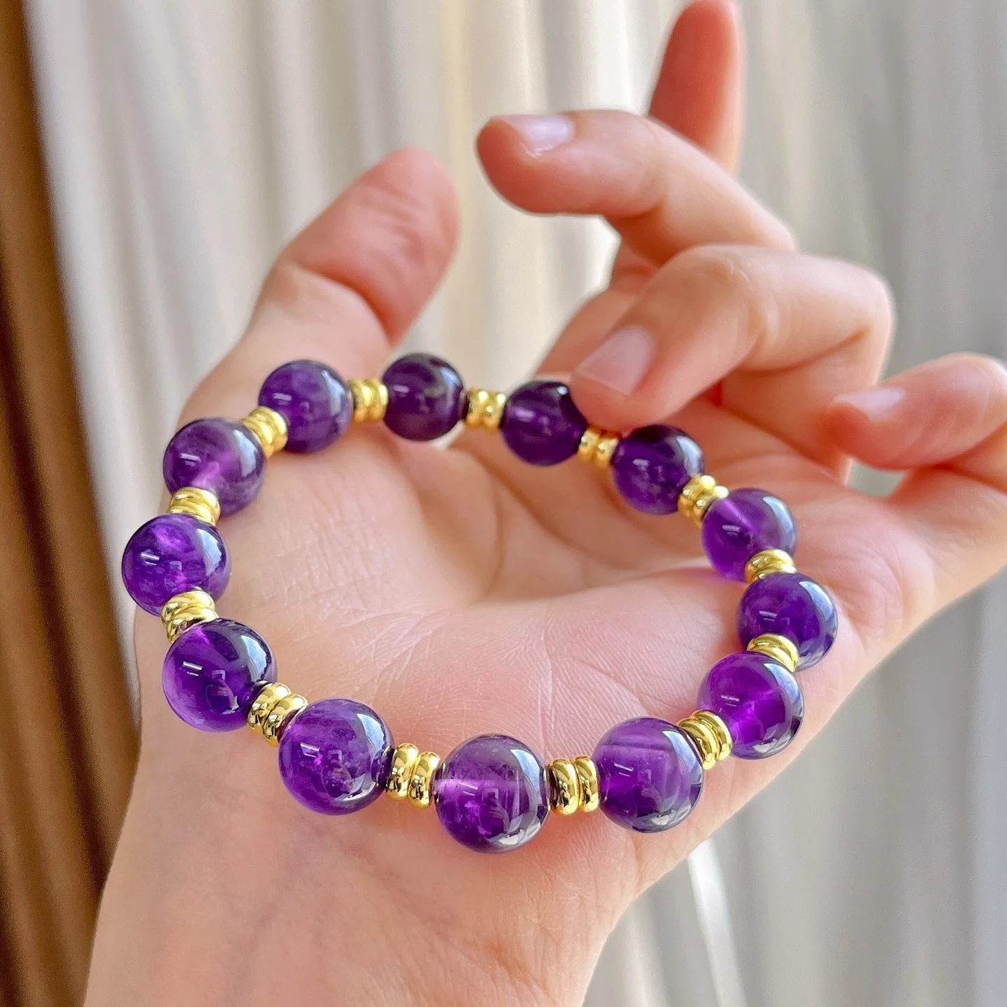10mm Instagram Style Natural Grape Purple Amethyst Beaded Stretch Bracelet, Rich Violet Crystal Stackable Hand Chain for Women
