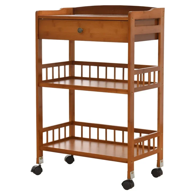 

New Movable Bamboo Dining Trolley 3/4 Layer Tea Dining Cart Small Living Room Side Cabinet Beauty Salon Trolley Kitchen Shelf
