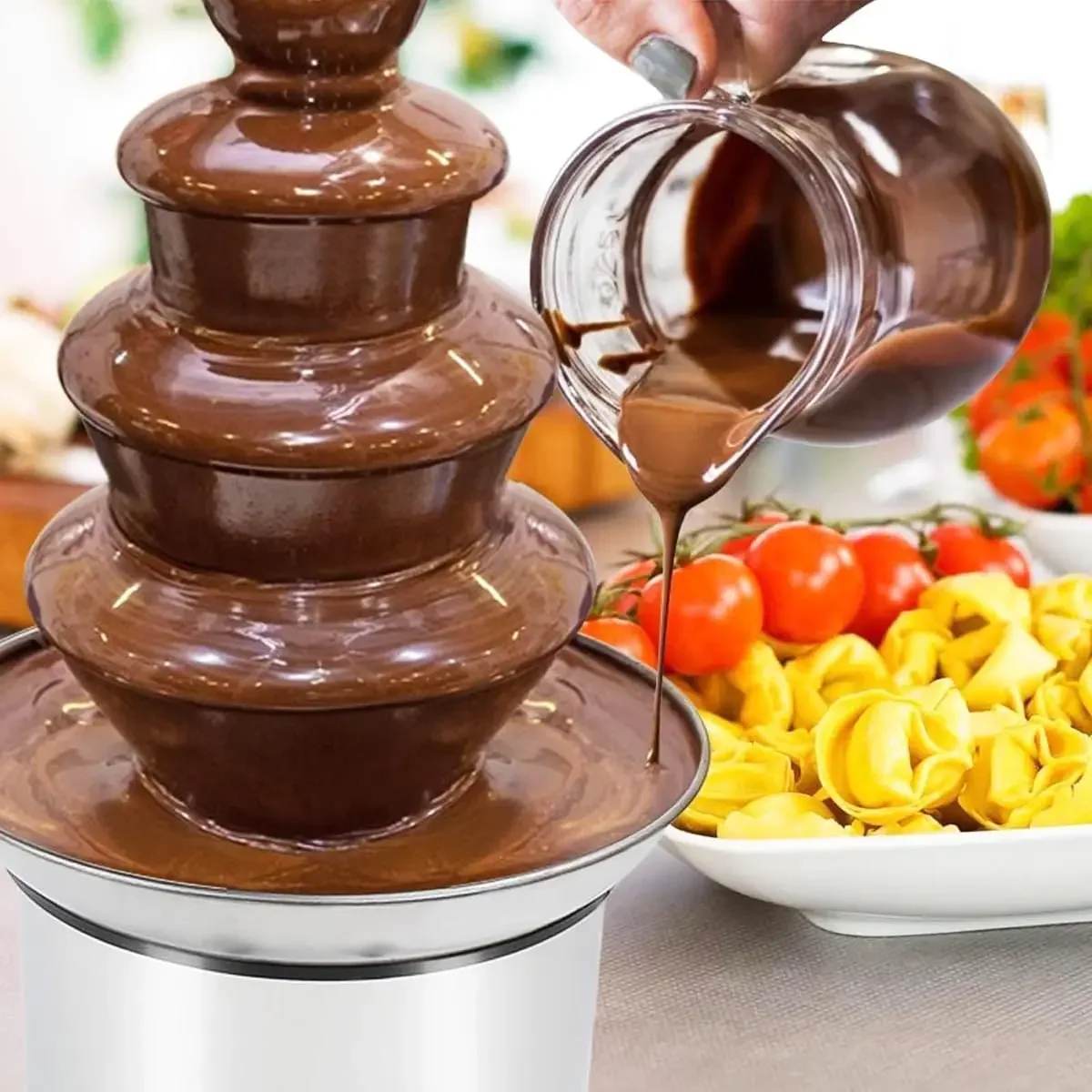 10V 4 Tier Electric Chocolate Fondue Fountain Machine for Wedding Company Birthday Party, Stainless Steel Chocolate F