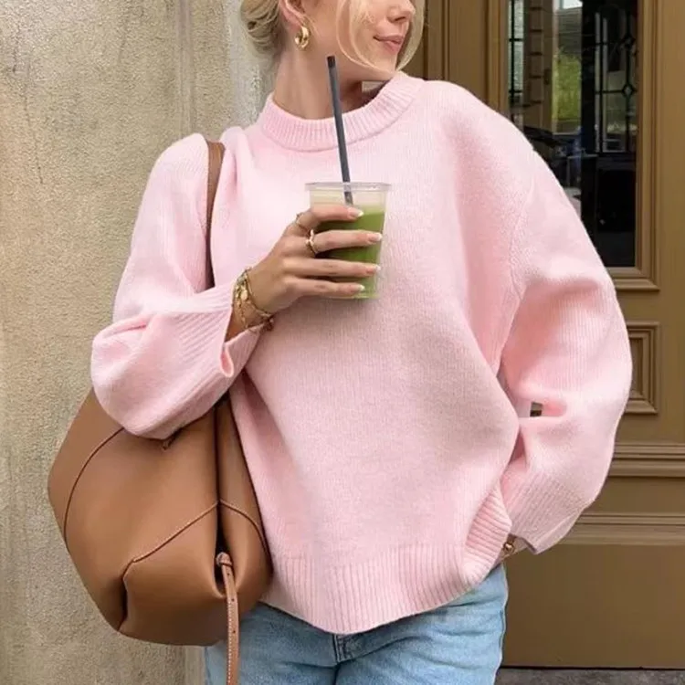 

Casual Knitted Pink round Ne Sweater Winter New Sle Women's Loose Fit Long Sve ort Length Two Piece Set