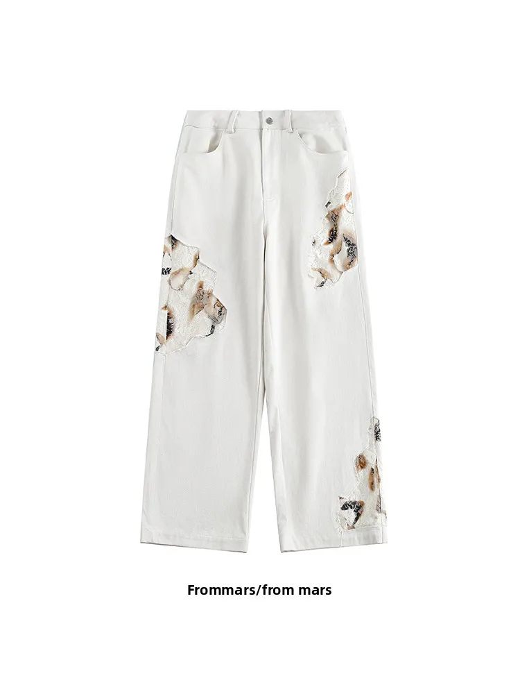 

Джинсы с кружевным узором и вырезами, широкие, свободные, повседневные, универсальные, прямого кроя, для мужчин и женщин, весенний тренд, молодежные