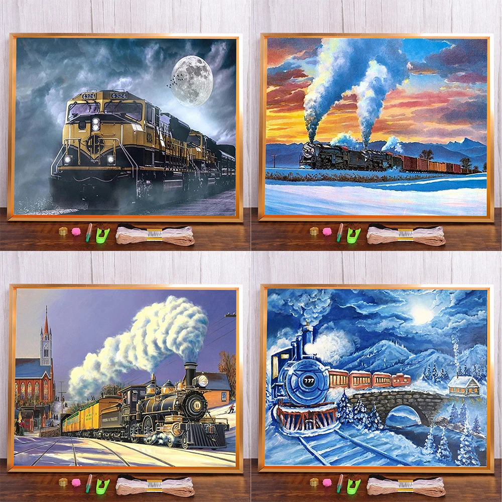 Landscape Train In Winter Printed Fabric Cross-Stitch Kit Embroidery Hobby Needlework Handiwork Sewing For Adults Package Gift