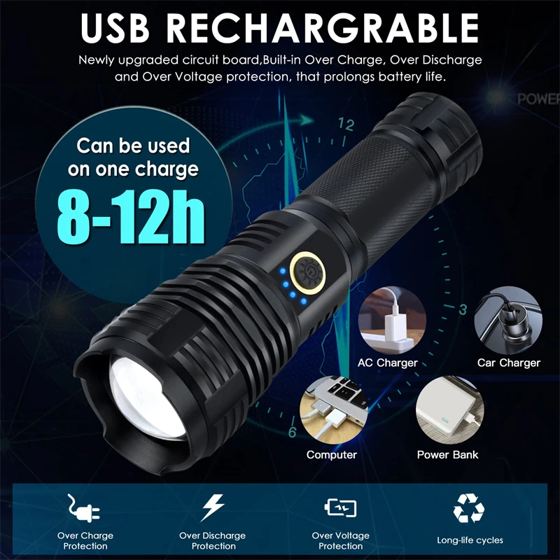 Rechargeable LED Flashlights 5000 Lumens Super Bright Torch 5 Modes Zoomable Waterproof Powerful for Camping Outdoor Emergency